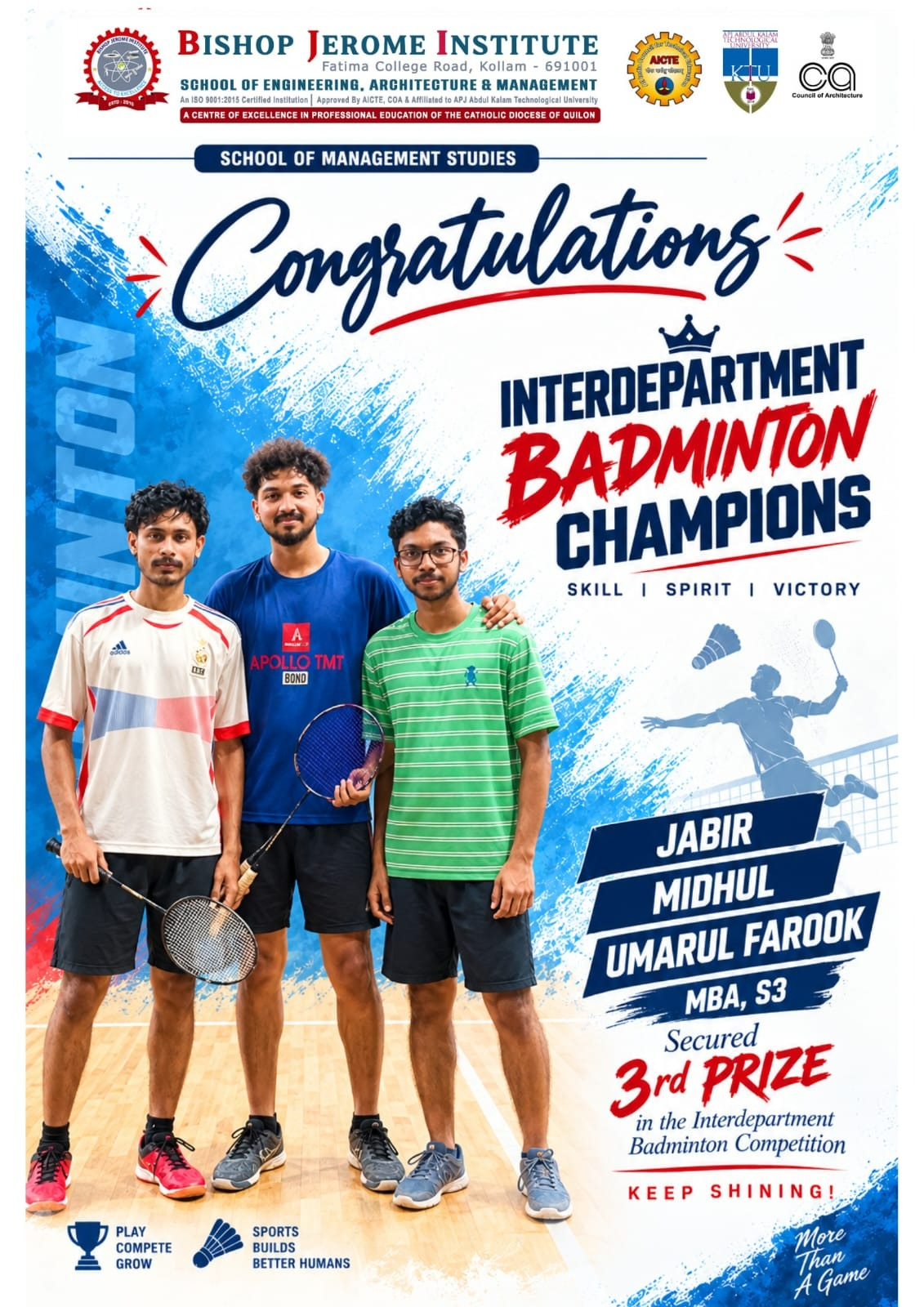 MBA S3 Students Secure 3rd Prize in Interdepartmental Badminton Tournament